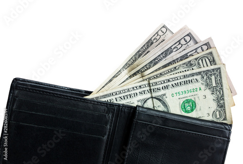 Money in the black leather wallet isolated on white background. Time to go shopping and buy things. Money addicted shopaholic.