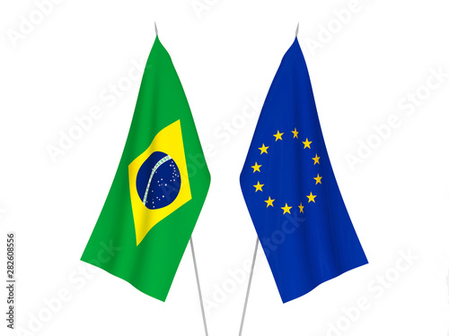 National fabric flags of European Union and Brazil isolated on white background. 3d rendering illustration.