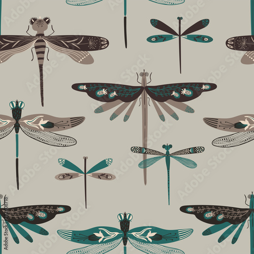 Folk Art Seamless Pattern With Dragonflies.