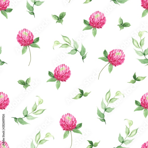 Seamless pattern with wildflowers clover and green leaves on white background. Vector floral illustration in retro watercolor style. 