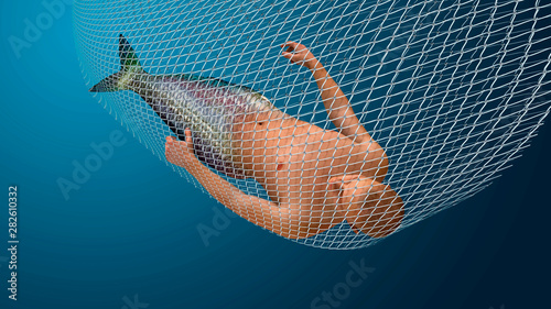 merman cought in a fish net. photo