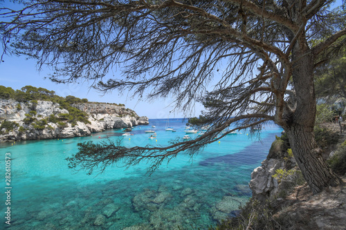 Panoramic views of Cala Macarella in Menorca