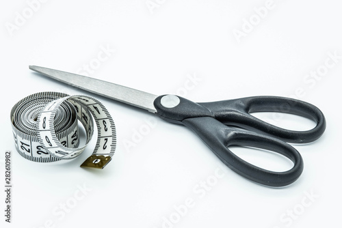 To sew, scissor, to measure. On a white background.