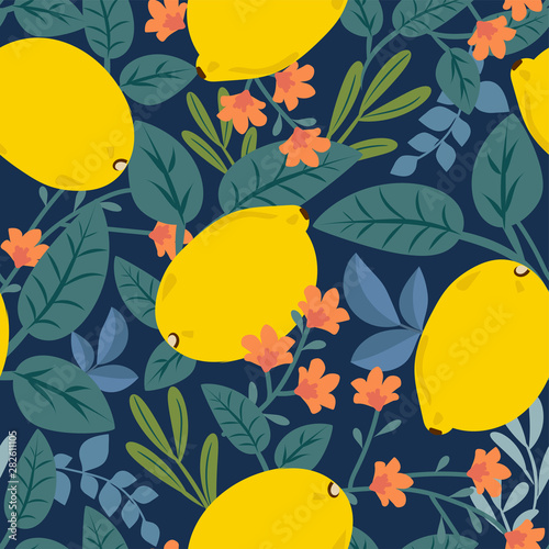 Tropical summer fruit seamless pattern. Citrus on a dark background. Hand drawing vector illustration. Lemons. Floral print with leaves and flowers. Original modern design