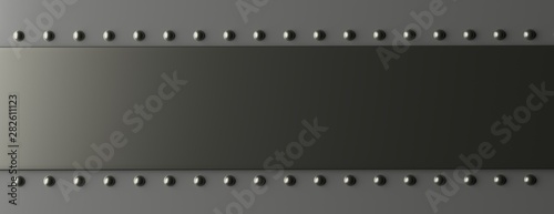 Metal plate blank with bolts gray black color, sign mockup. 3d illustration