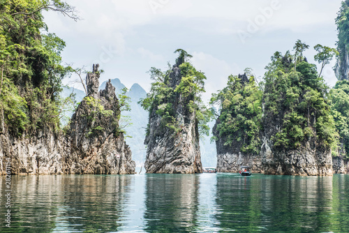 Magnificent landscape of rocks on the lake of Cheow Lan is in Thailand.