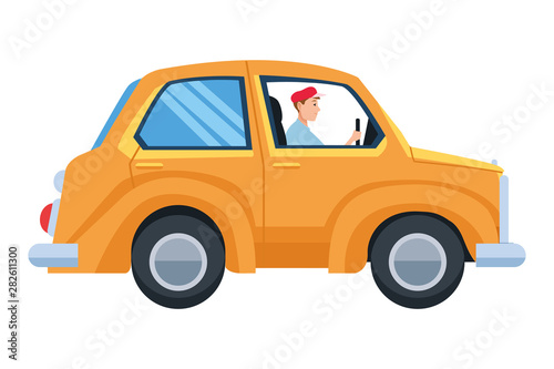 Man driving car vehicle sideview cartoon