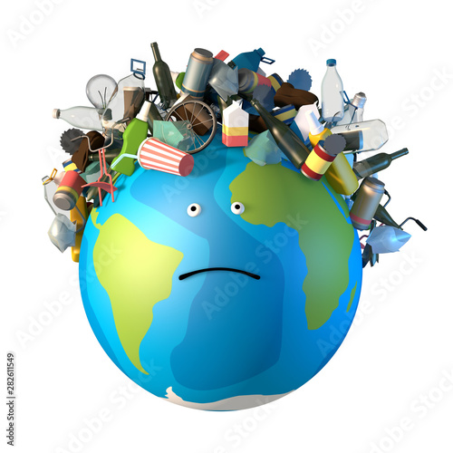 Fototapeta Naklejka Na Ścianę i Meble -  3d illustration isolate. On a sad planet Earth lies a bunch of garbage in the form of hairstyles. Ecological catastrophy