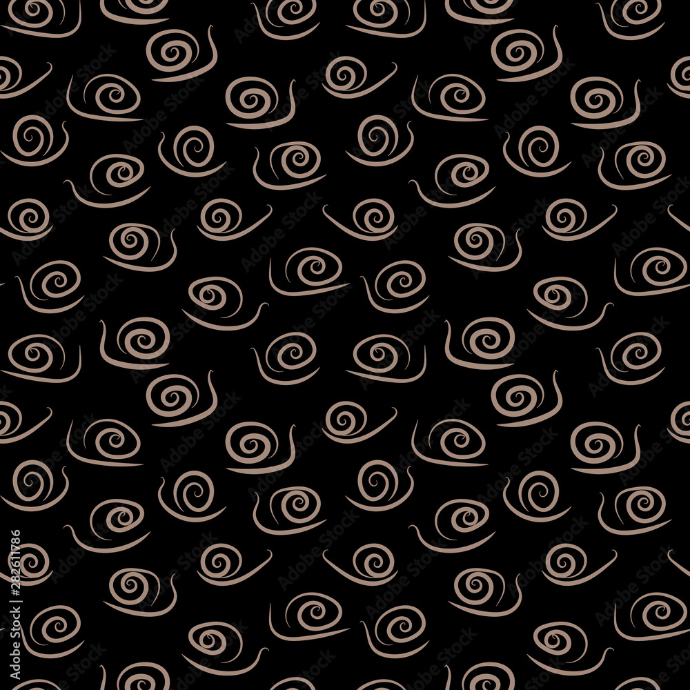 A seamless vector pattern with simple stylized snails on dark background. Surface print design.