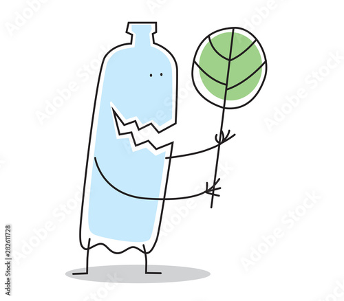 A plastic bottle wants to eat a little tree. Satirical minimalist drawing. Ecological problems. Vector full color graphics