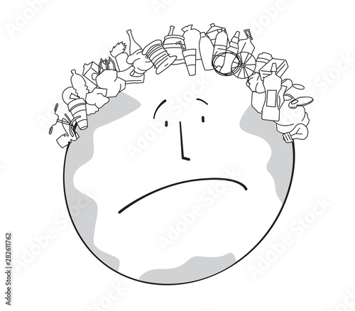 Linear satirical drawing of a sad planet Earth with a haircut in the form of garbage. Ecological problems. Vector full color graphics