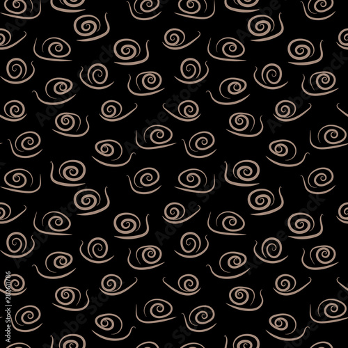 A seamless vector pattern with simple stylized snails on dark background. Surface print design.