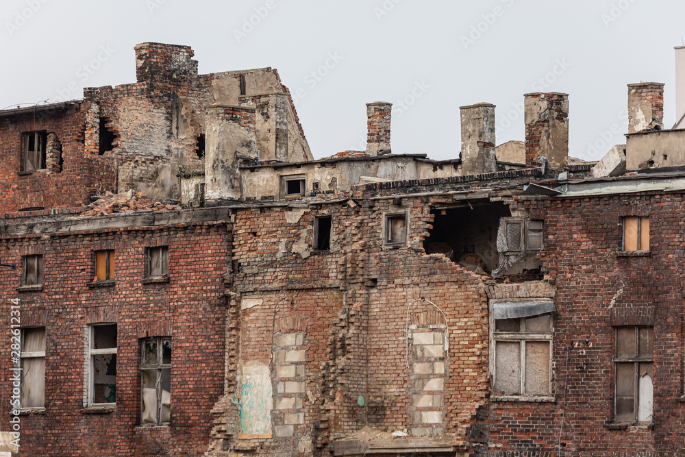 Abandoned and paritally ruined old brick building in the center of Gdansk, Poland