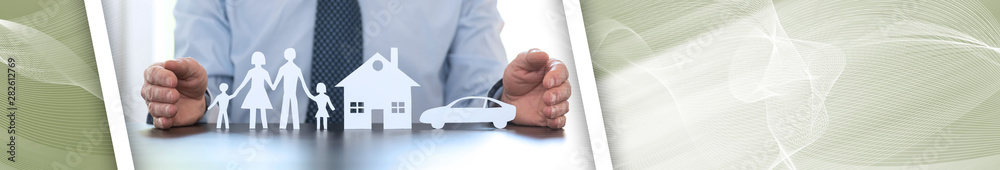 Concept of family, home and car insurance; panoramic banner Concept of family, home and car insurance; panoramic banner
