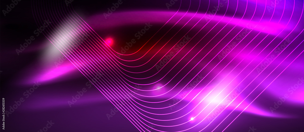 Neon glowing techno lines, hi-tech futuristic abstract background template with square shapes Neon glowing techno lines, hi-tech futuristic abstract background template with square shapes