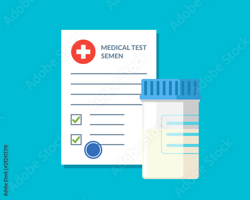 Plastic jar sperm semen test analysis and medical form list with results data and approved check mark vector illustration. Clinical checklist document. Insurance or medicine examination concept