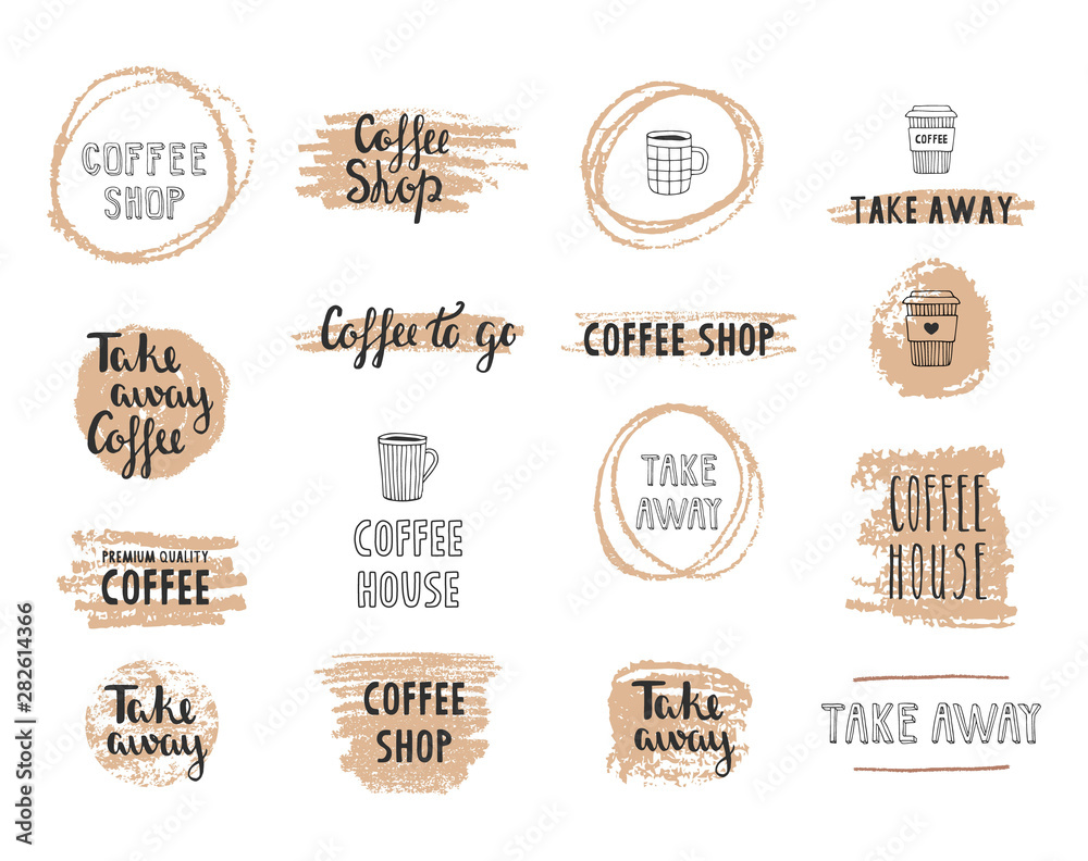 Set of hand drawn coffee stamp, badge, emblem. 