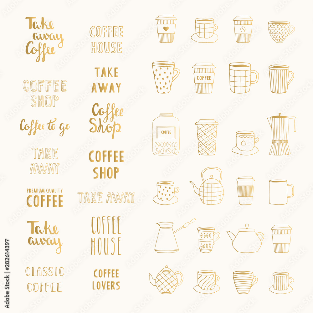 Set of hand drawn coffee elements and lettering. Golden vector illustration. Isolated. Set of hand drawn coffee elements and lettering. Golden vector illustration. Isolated.
