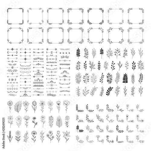 Set of hand drawn frames, dividers, herbs, flowers, borders, corners. Wedding design elements. Vector isolated illustration.