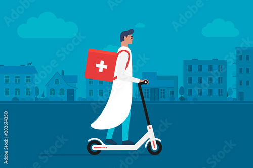 Medicine delivery pharmacy. Young male doctor riding electric scooter with medical surgical sanitary box first aid on cityscape street. Vector future emergency care illustration