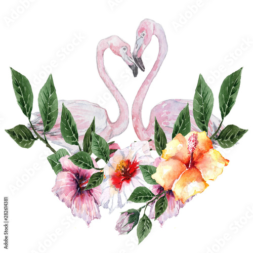 Loving couple of pink flamingos behind tropical hibiscus flowers. Watercolor.
