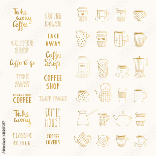 Set of hand drawn coffee elements and lettering. Golden vector illustration. Isolated. 
