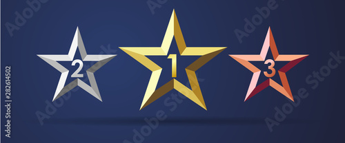 Golden, silver and bronze stars rating realistic 3D icon. 1, 2, 3 star facet symbols, sport rank sign template on dark background. Vector illustration