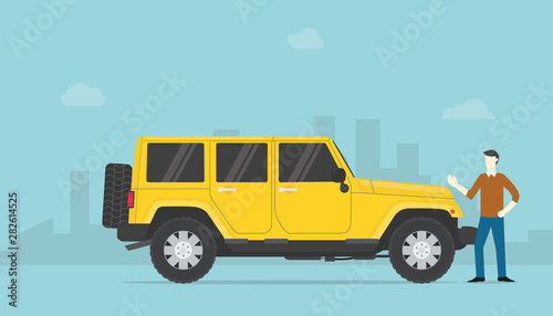 success rich man or successfull businessman with lux car and city as background with modern flat style - vector