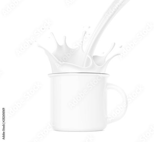 Realistic blank cup mockup with milk splashes and drops isolated on white background. Vector illustration. Can be use for your design. EPS10.