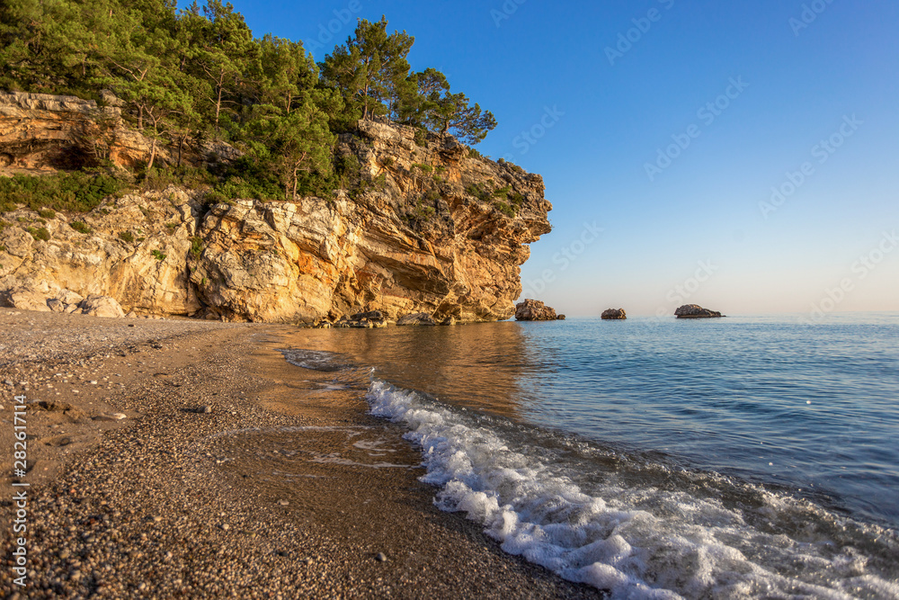 Amazing sunny morning marine landscape of amazing nature of Turkey at summer season. Horizontal color photography.