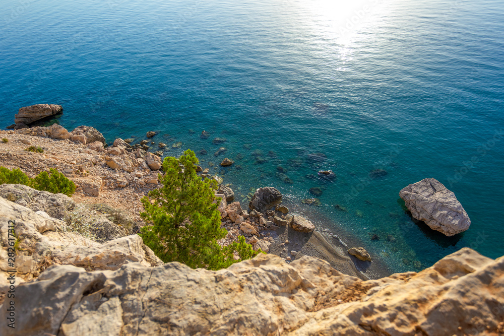 Amazing sunny morning marine landscape of amazing nature of Turkey at summer season. Horizontal color photography.