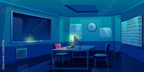 Interrogation room in police station, dark empty interior for questioning crimes with handcuffs and glowing lamp on table, place for interview arrested people in night time Cartoon vector Illustration