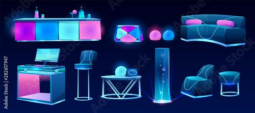 Furniture for night club isolated on dark background, bar counter with drinks, dj mixer desk, table, couch, high chair, glowing plasma, neon lamps, interior design elements Cartoon vector illustration
