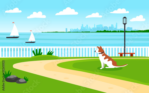 Landscape by the sea. Seafront. The dog looks into the distance to the shore. View of the metropolis. Sailing boats. Editable vector illustration