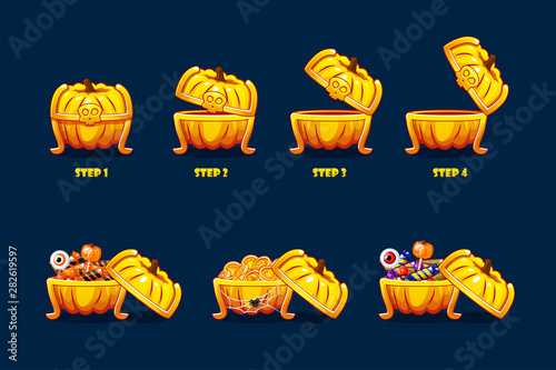 Halloween chest with sweets and coins. Vector animation step by step open and closed pumpkin chest. Objects on a separate layer.