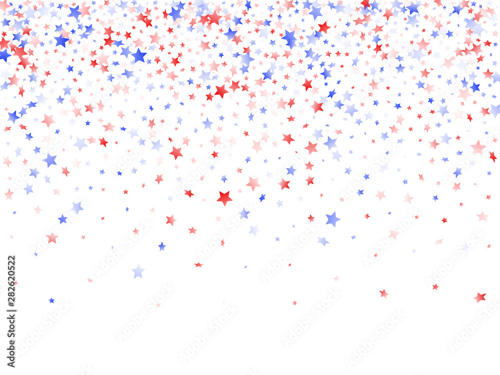 Flying red blue white star sparkles on white vector american patriotic background. Flying red blue white star sparkles on white vector american patriotic background.
