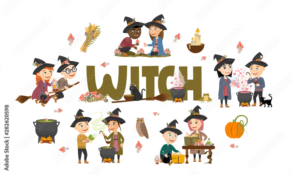 Fototapeta premium Cute boys and girls witch set. Witches and Witchers in black hats gather mushrooms and herbs, brew potions, fly on a broomstick and make magic. Vector illustration