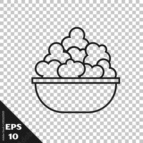 Black line Popcorn in bowl icon isolated on transparent background. Popcorn bucket box. Vector Illustration