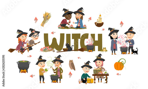 Fototapeta Naklejka Na Ścianę i Meble -  Cute boys and girls witch set. Witches and Witchers in black hats gather mushrooms and herbs, brew potions, fly on a broomstick and make magic. Vector illustration