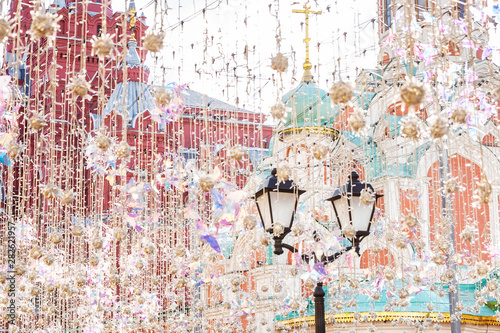 Beautiful pendant design decoration of the central streets of the capital of Russia. Great cityscape.