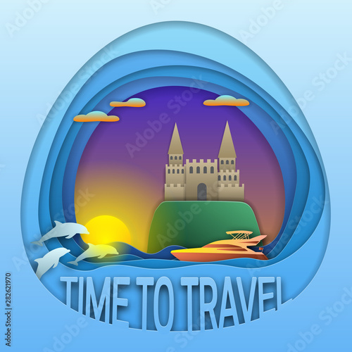 Time to travel emblem design. Sunset with motor yacht at sea, dolphins and castle on island. Tourist label illustration in paper cut style.