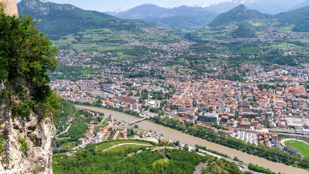 Aerial view of Trento, Italy from top of Mount Bodone
