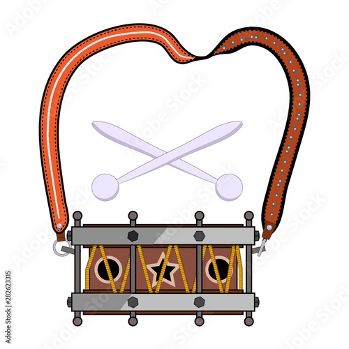 Drum with sticks and belt. Music instrument or civil war ammo element. To design banners for national USA holidays such as Independence, Memorial, Labor, Veterans day and other traditional celebration