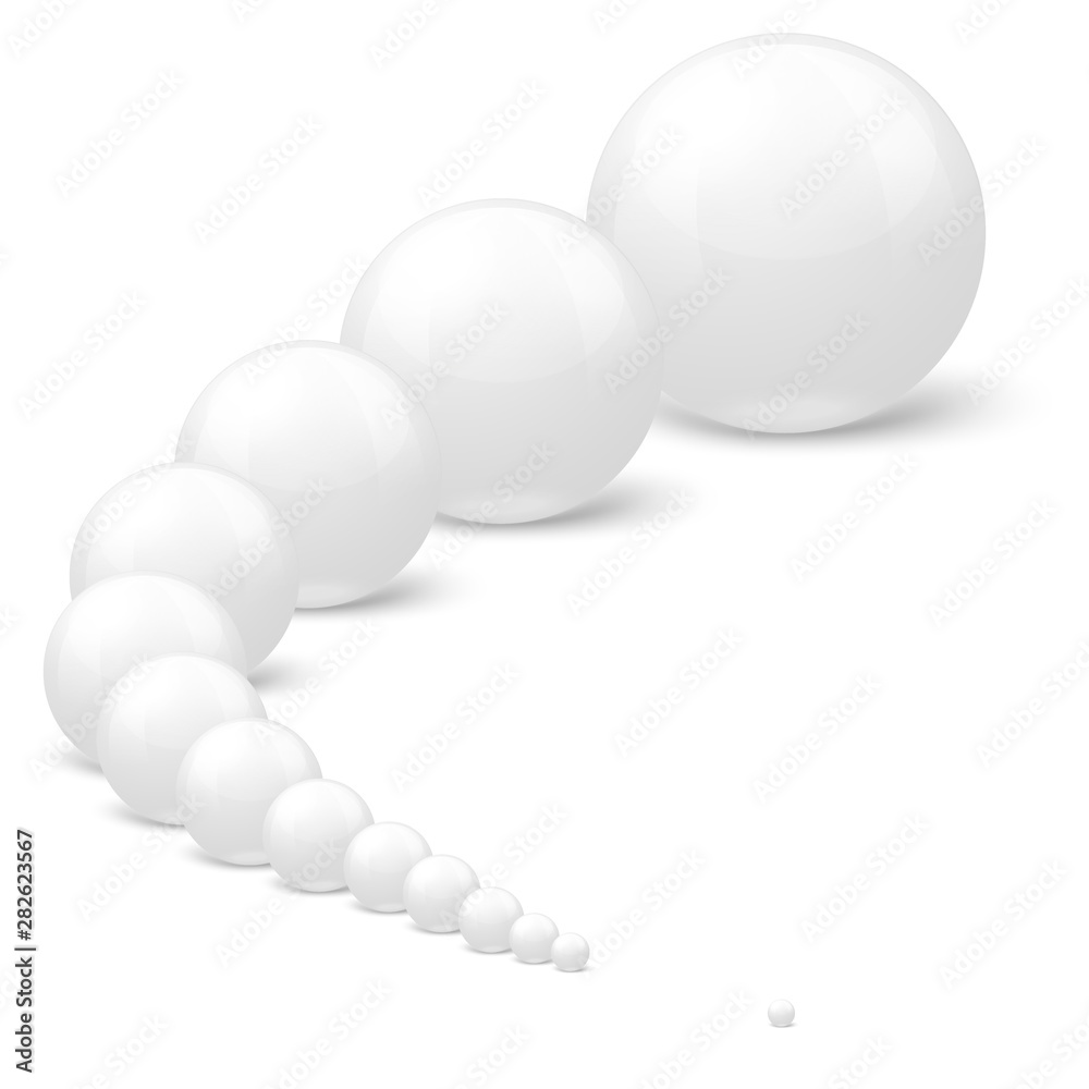 Vector 3D realistic white marble balls of different size, set in a row, on white background. Vector 3D realistic white marble balls of different size, set in a row, on white background.
