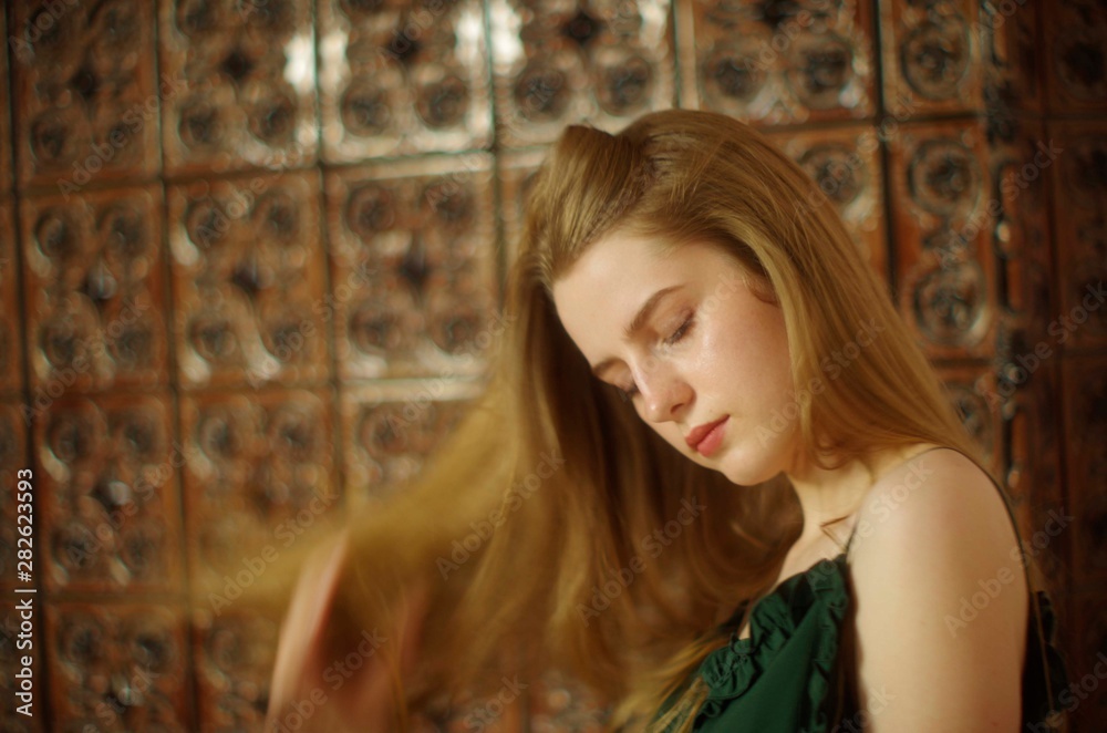 beautiful young blonde with long flowing hair and blue eyes in an old castle beautiful young blonde with long flowing hair and blue eyes in an old castle