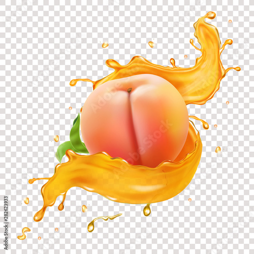 Peach in juice splash realistic vector illustration