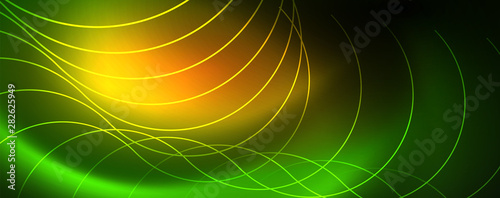 Shiny neon lines template - northern lights glowing blur lines. Futuristic style glow neon 80s disco club or night party techno template