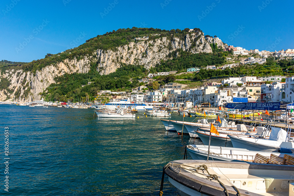 Italy, Capri, view of the coast seen from the sea.