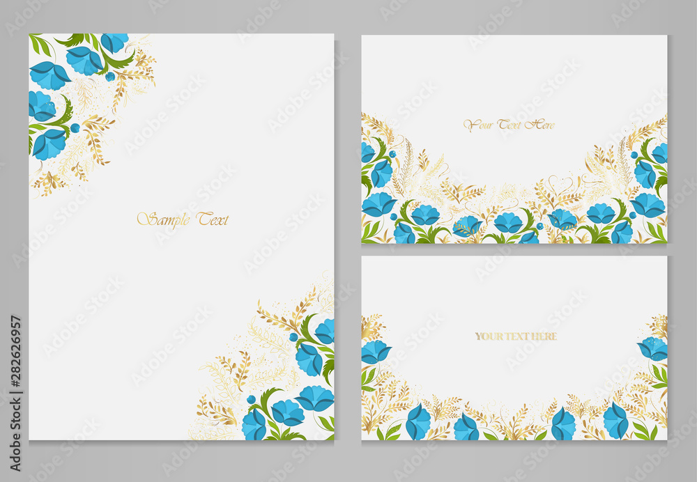 Set of vector cards with blue flowers and golden plants on a gray background.