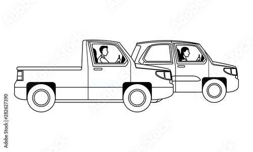 People driving vehicles in the traffic in black and white